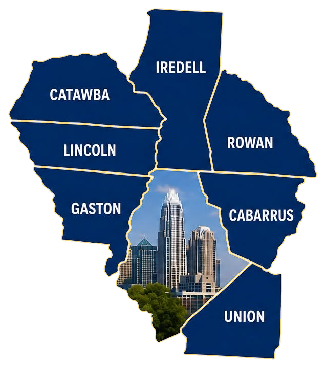 Counties served by Greater Charlotte LP. Mecklenburg, in the center, is shown with the Charlotte skyline.